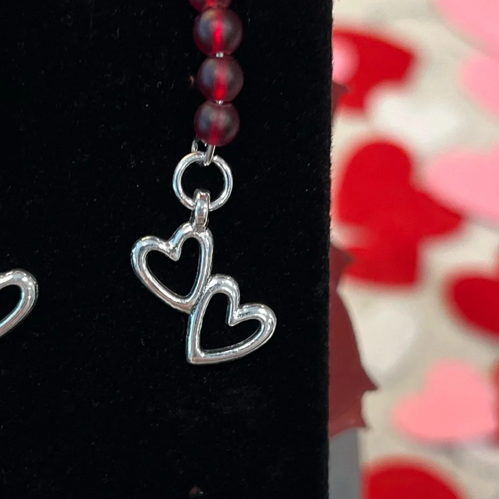 NWOT - Silver Double Heart Dangle Earrings with Burgandy Beads